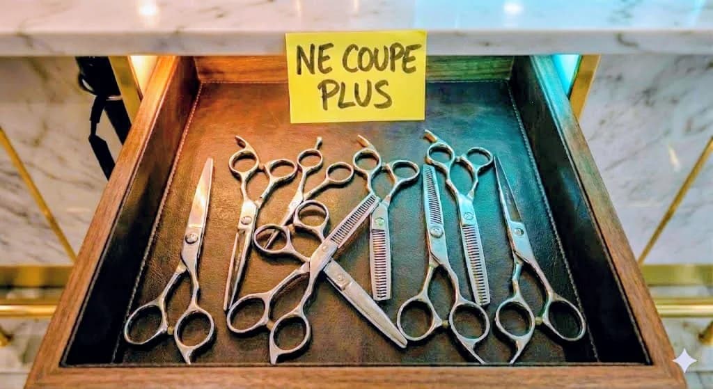 Ciseaux et têtes de coupe rangés dans un tiroir avec une note « ne coupe pas »